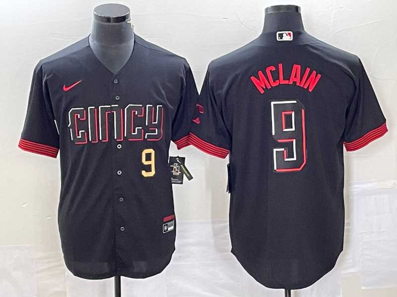 Mens Cincinnati Reds #9 Matt McLain Number Black 2023 City Connect Cool Base Stitched Jersey